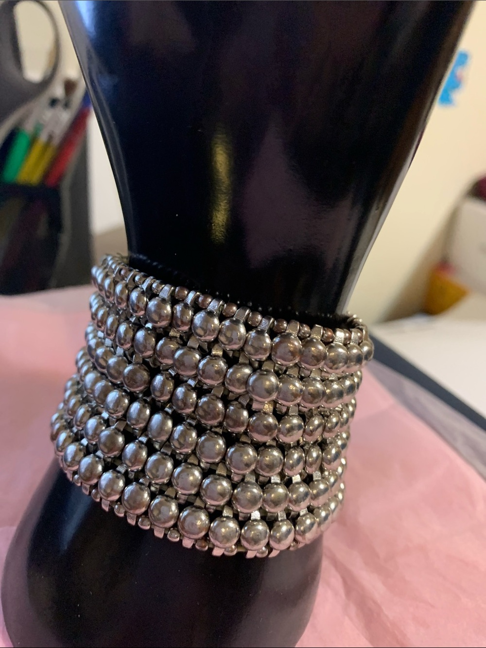 Multi-Row Silver Beaded Stretch Bracelet for Women